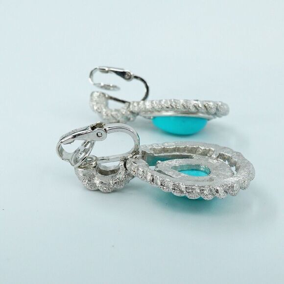 Vintage Avon Susan Caplan Earrings Blue Teardrop Cabochon Rope Silver Tone - Picture 5 of 10